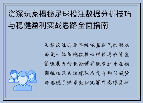 资深玩家揭秘足球投注数据分析技巧与稳健盈利实战思路全面指南 资深玩家揭秘足球投注数据分析技巧与稳健盈利实战思路全面指南